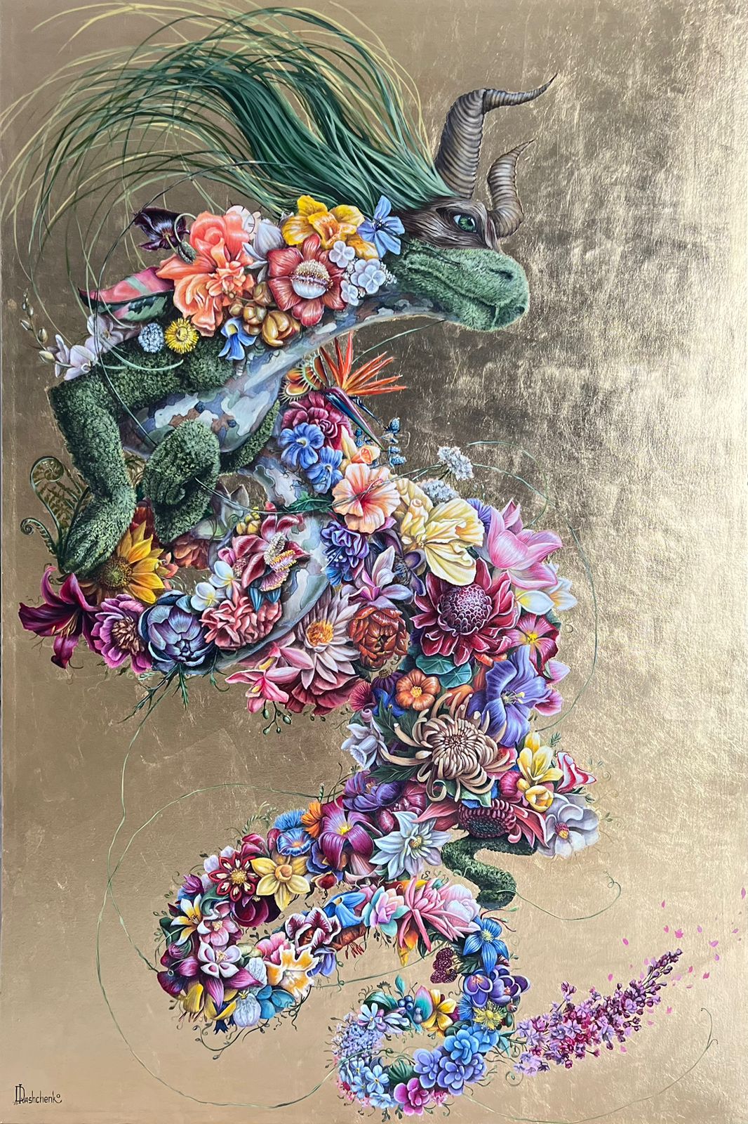 dragon, creature, Bloom of fortune, Oil and metal on canvas, painting, Daria Ivashchenko